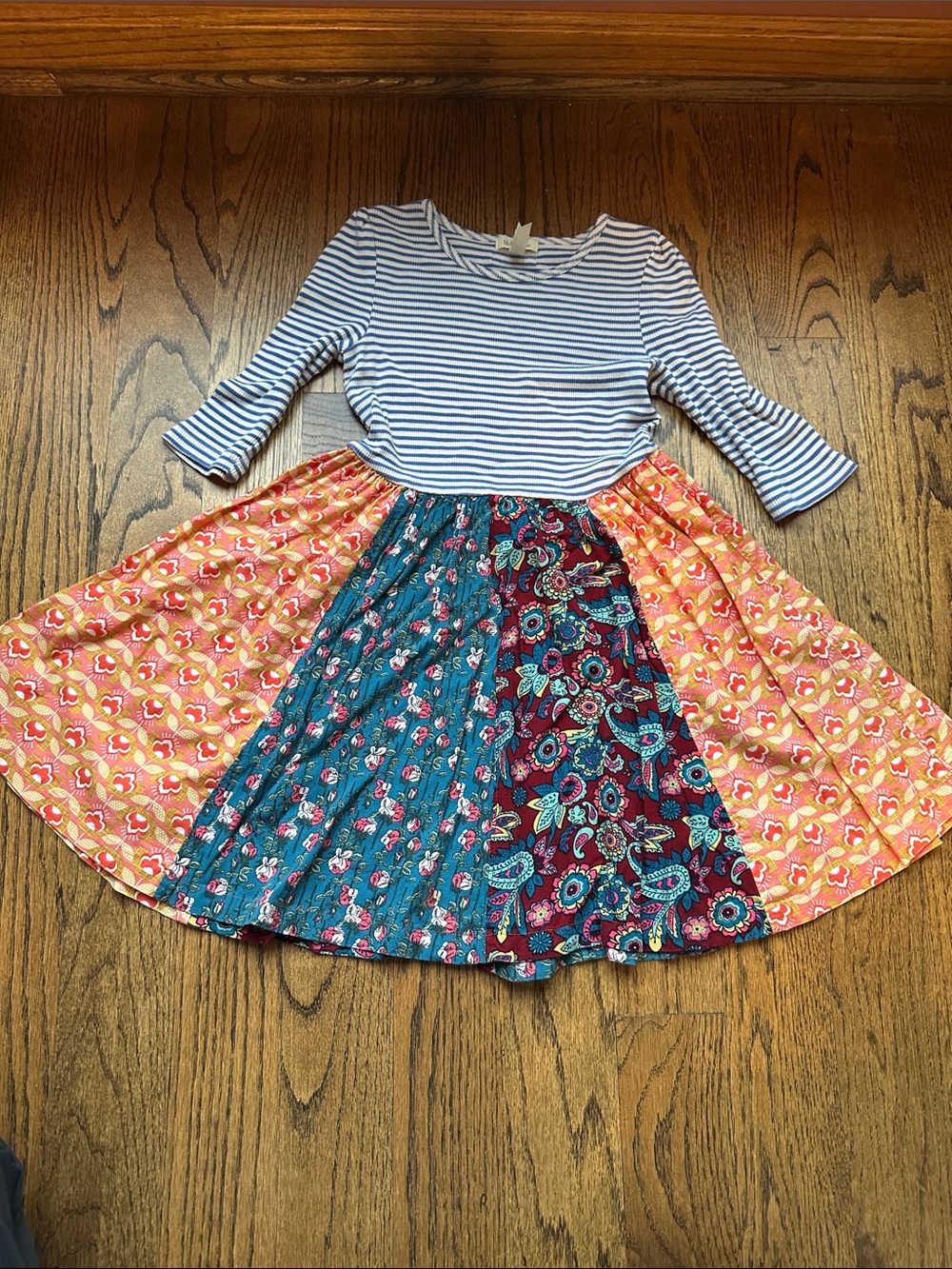Striped Top Mixed-Print Twirl Dress for Girls - Blue/Multicolor